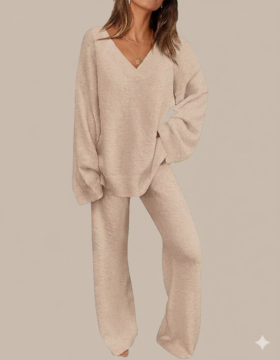 Soft Fuzzy V-Neck Loungewear Set