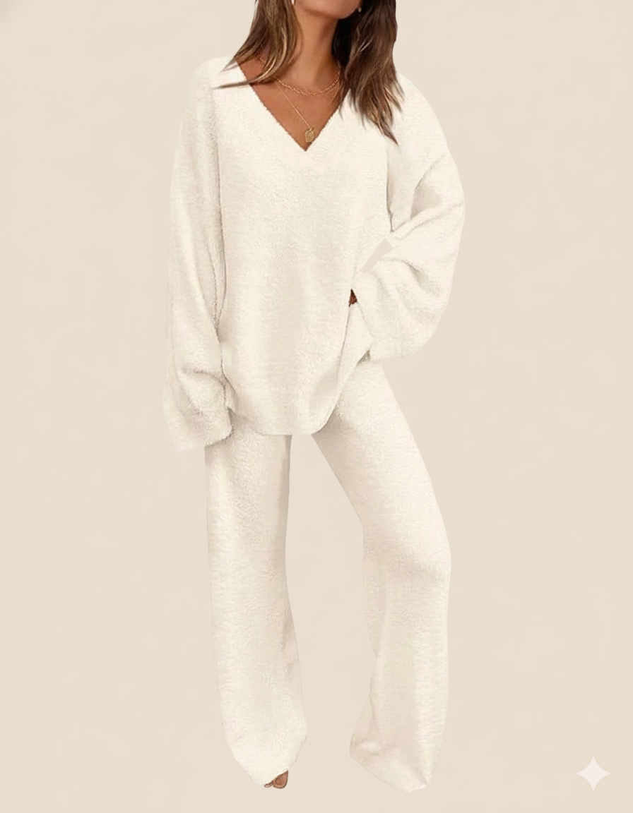 Soft Fuzzy V-Neck Loungewear Set