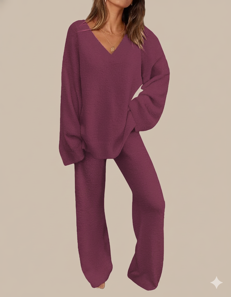 Soft Fuzzy V-Neck Loungewear Set